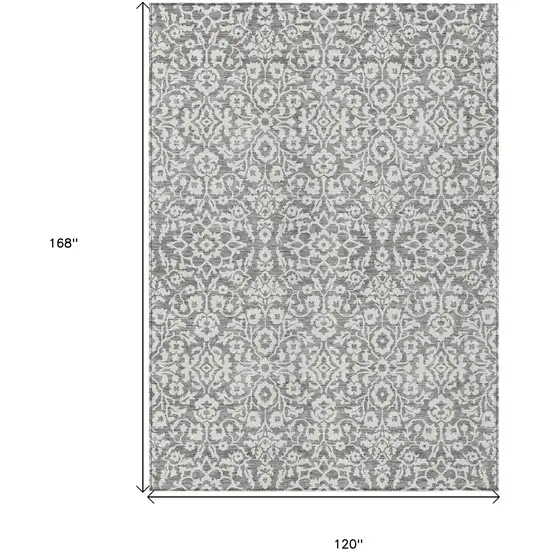 Gray And Ivory Damask Washable Indoor Outdoor Area Rug Photo 3