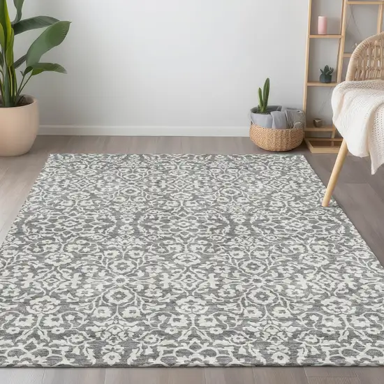 Gray And Ivory Damask Washable Indoor Outdoor Area Rug Photo 9