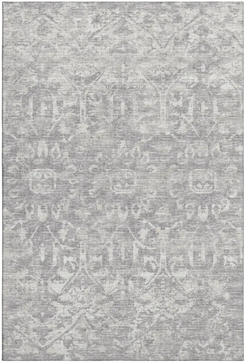 Gray And Ivory Damask Washable Indoor Outdoor Area Rug Photo 2