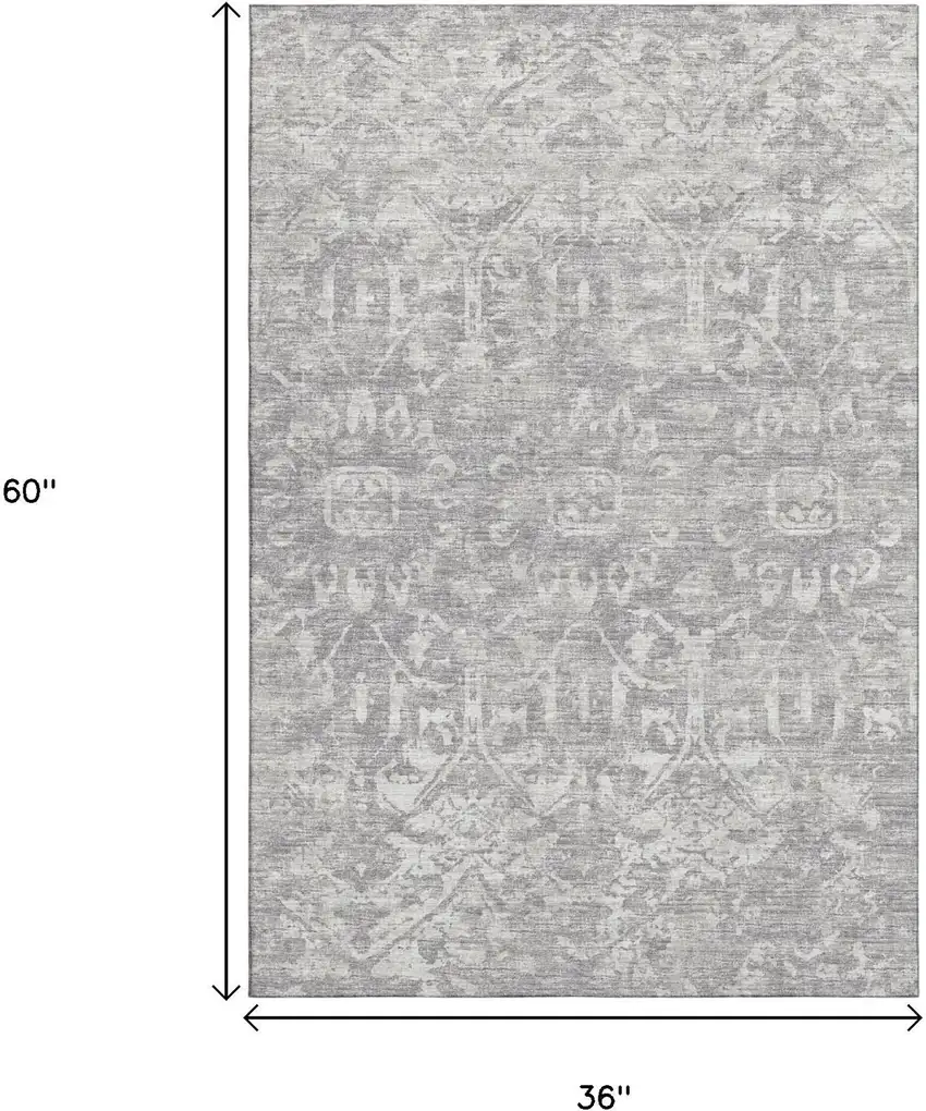 Gray And Ivory Damask Washable Indoor Outdoor Area Rug Photo 3