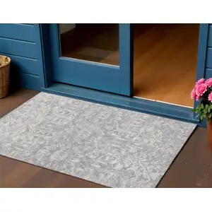Photo of Gray And Ivory Damask Washable Indoor Outdoor Area Rug