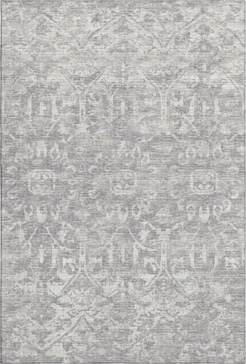 Gray And Ivory Damask Washable Indoor Outdoor Area Rug Photo 5