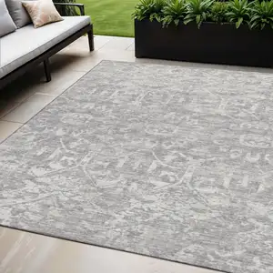 Photo of Gray And Ivory Damask Washable Indoor Outdoor Area Rug