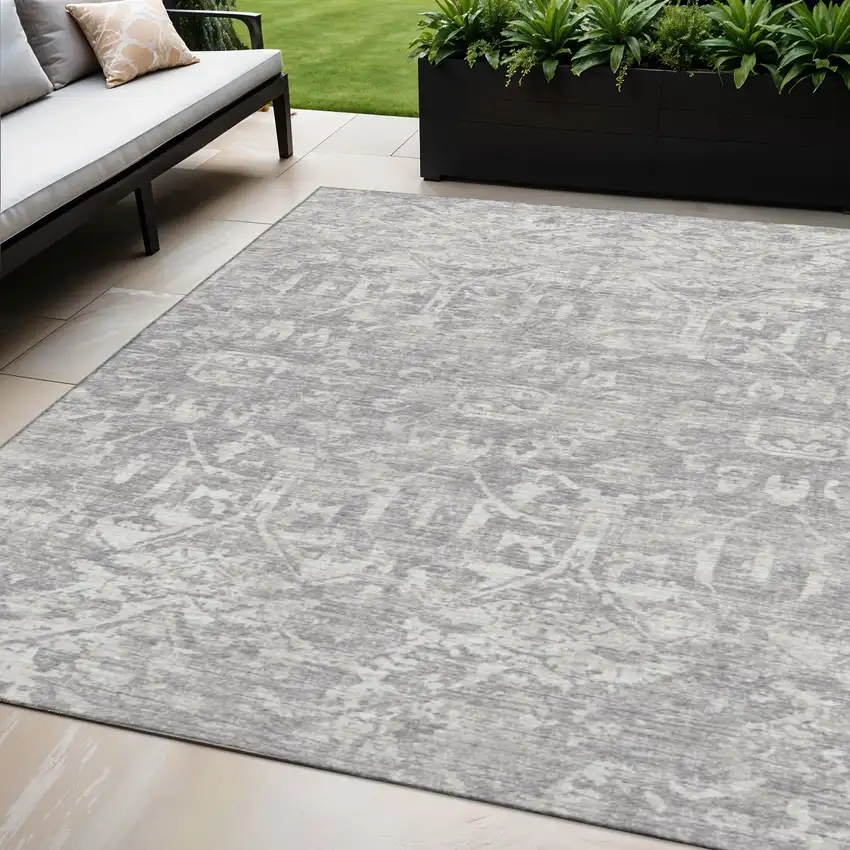 Gray And Ivory Damask Washable Indoor Outdoor Area Rug Photo 1