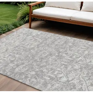 Photo of Gray And Ivory Damask Washable Indoor Outdoor Area Rug