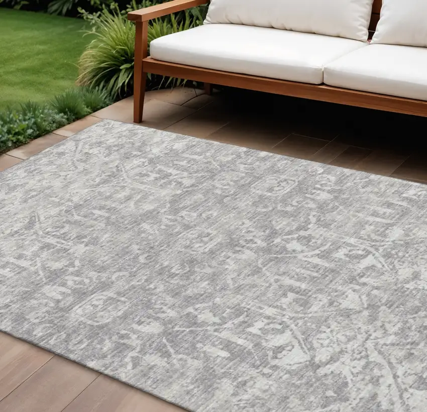 Gray And Ivory Damask Washable Indoor Outdoor Area Rug Photo 1