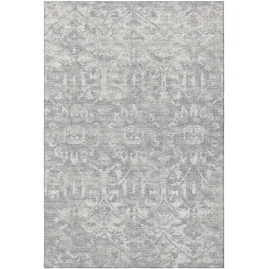 Gray And Ivory Damask Washable Indoor Outdoor Area Rug Photo 4