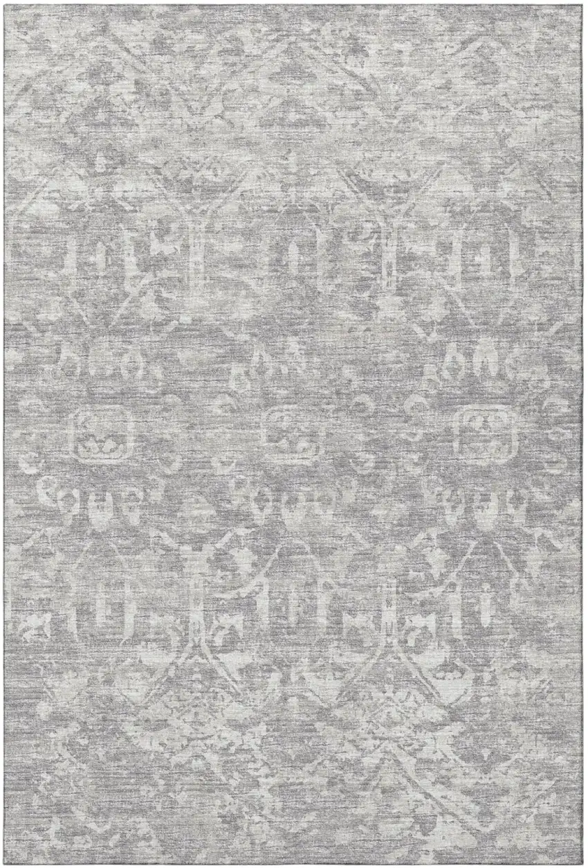 Gray And Ivory Damask Washable Indoor Outdoor Area Rug Photo 4