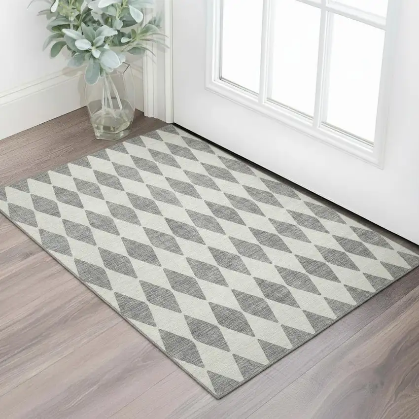 Gray And Ivory Diamond Washable Area Rug With UV Protection Photo 1