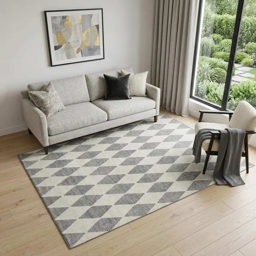 Gray And Ivory Diamond Washable Area Rug With UV Protection Photo 1