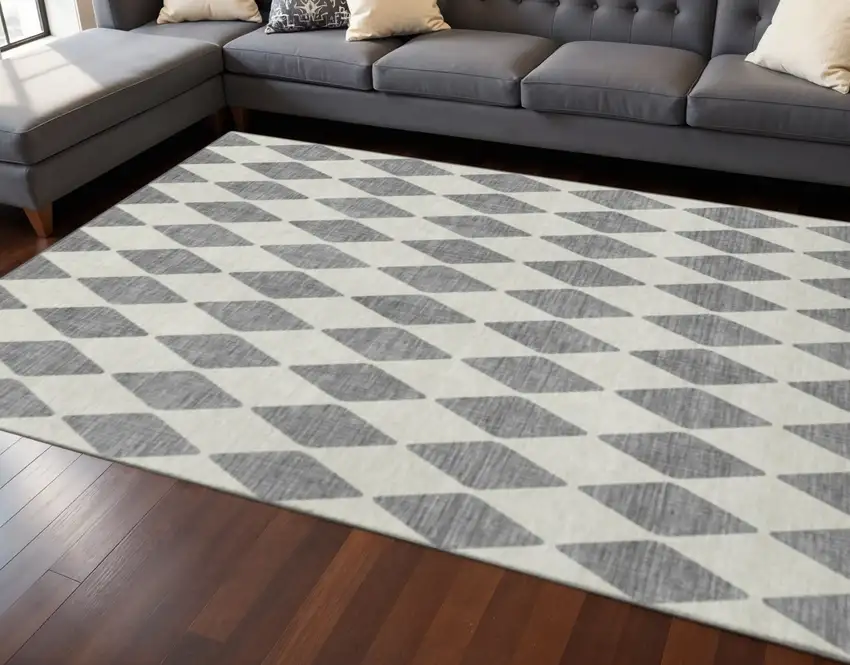 Gray And Ivory Diamond Washable Area Rug With UV Protection Photo 2