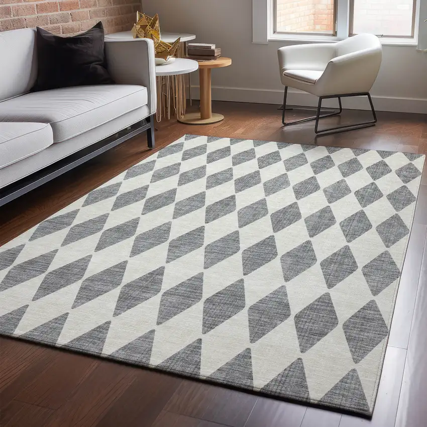 Gray And Ivory Diamond Washable Area Rug With UV Protection Photo 5