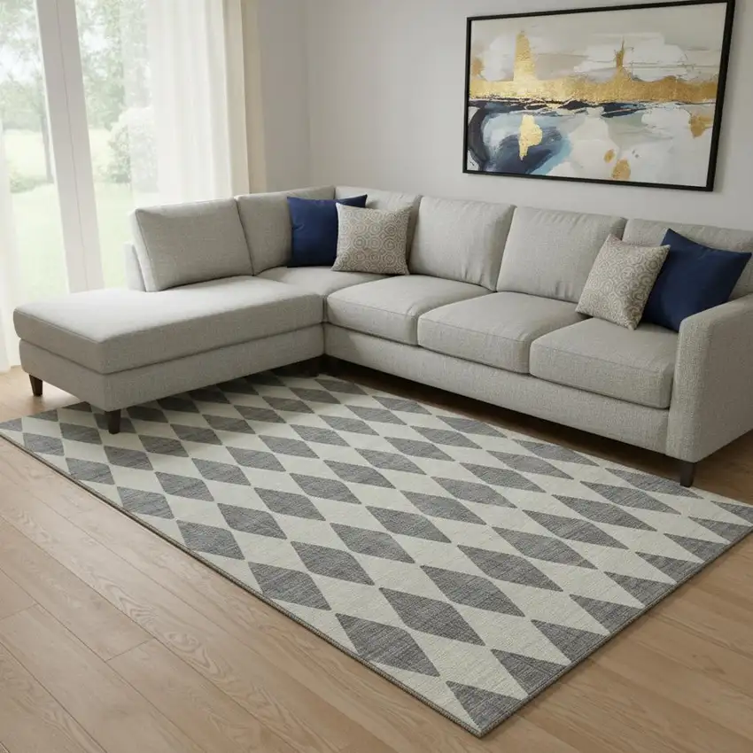 Gray And Ivory Diamond Washable Area Rug With UV Protection Photo 1