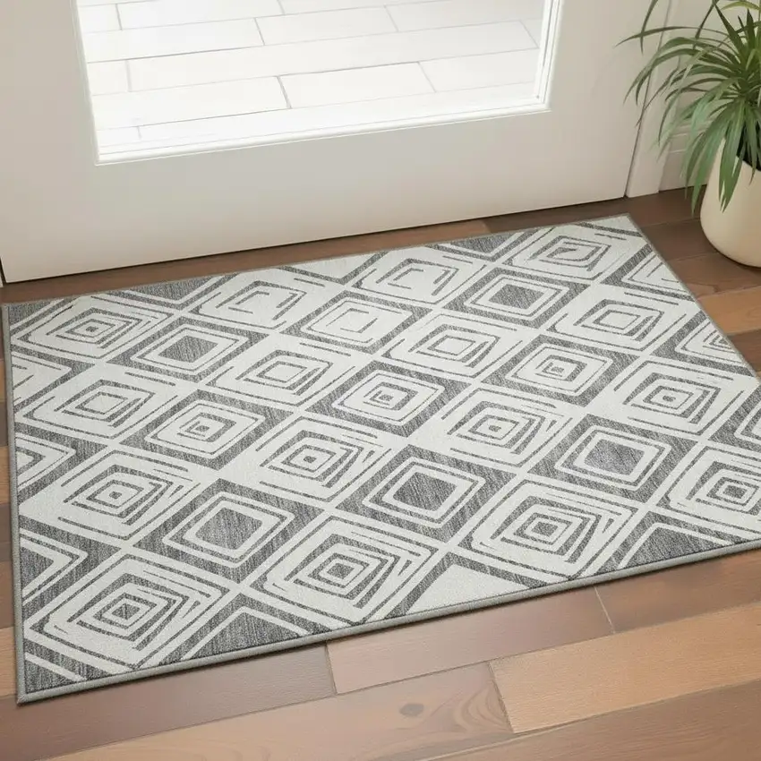Gray And Ivory Diamond Washable Area Rug With UV Protection Photo 2