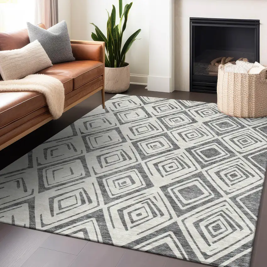 Gray And Ivory Diamond Washable Area Rug With UV Protection Photo 6