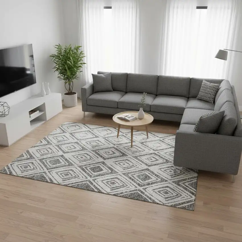 Gray And Ivory Diamond Washable Area Rug With UV Protection Photo 2