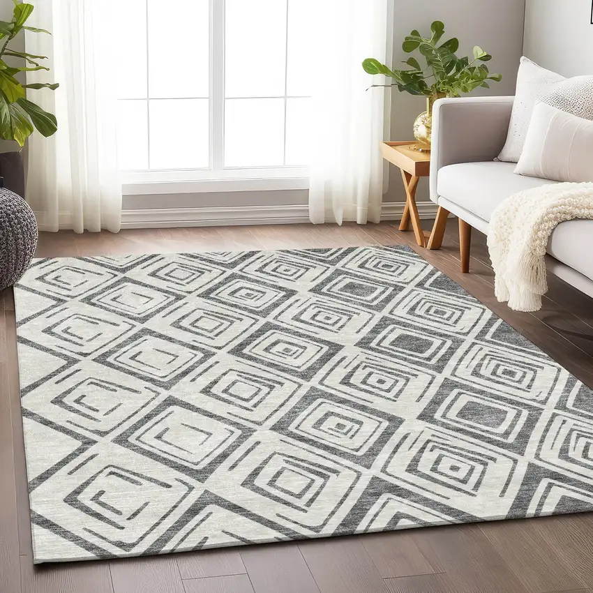 Gray And Ivory Diamond Washable Area Rug With UV Protection Photo 5