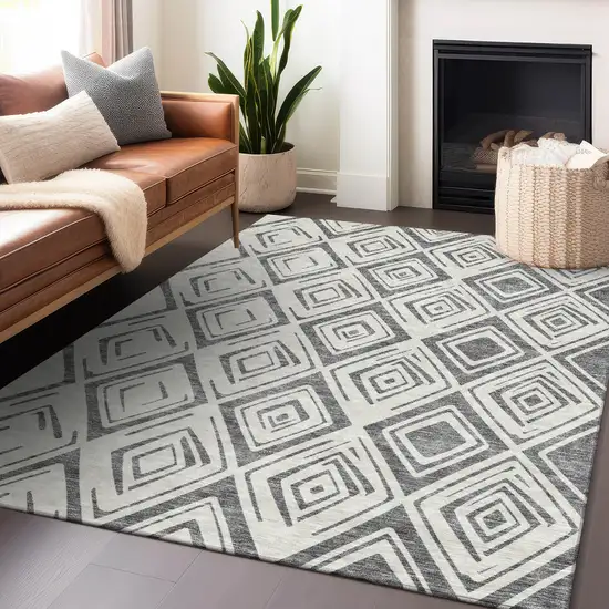 Gray And Ivory Diamond Washable Area Rug With UV Protection Photo 6
