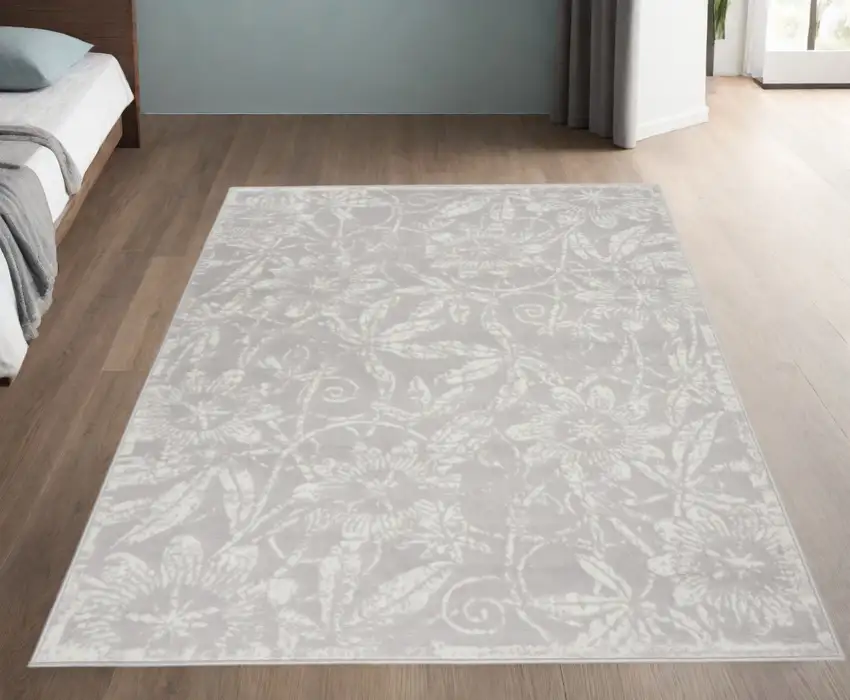 Gray And Ivory Floral Distressed Area Rug Photo 1