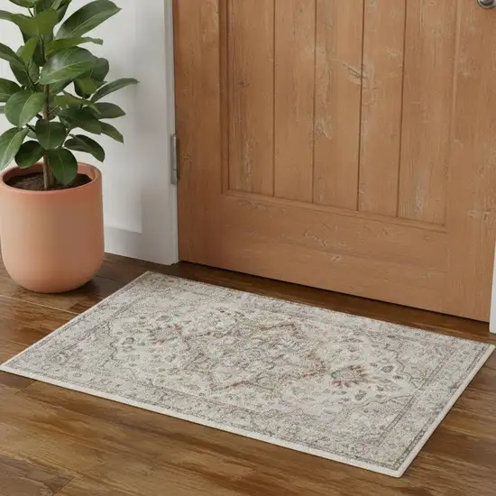 Gray And Ivory Floral Medallion Washable Area Rug Photo 1