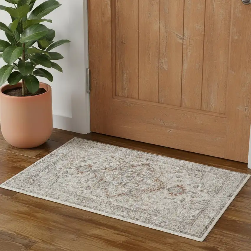 Gray And Ivory Floral Medallion Washable Area Rug Photo 1