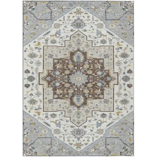 Gray And Ivory Floral Medallion Washable Indoor Outdoor Area Rug Photo 2