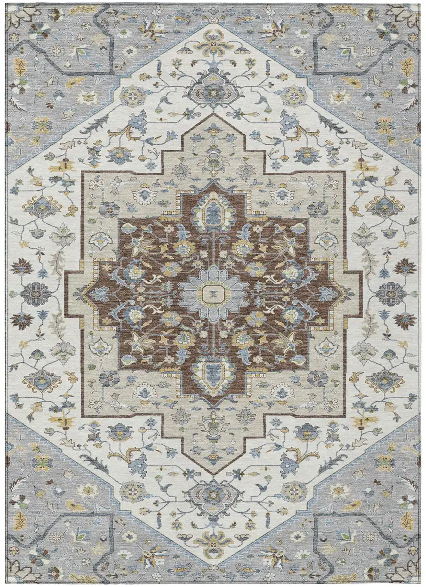 Gray And Ivory Floral Medallion Washable Indoor Outdoor Area Rug Photo 2