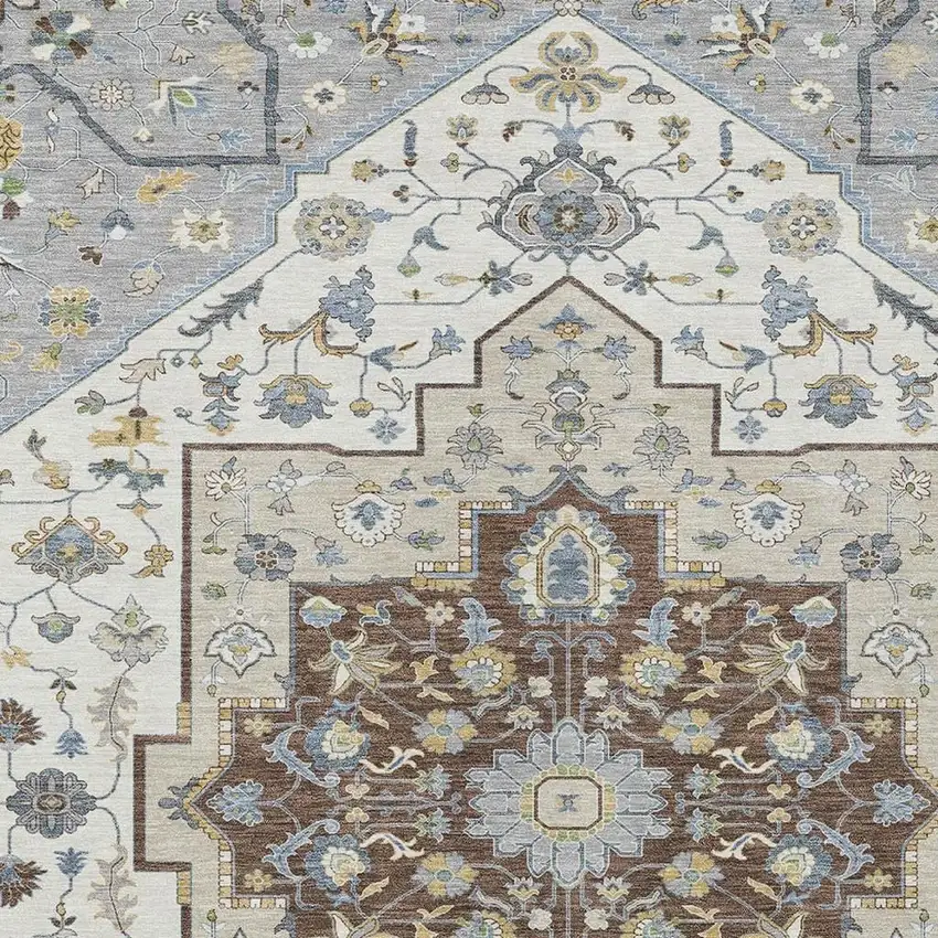 Gray And Ivory Floral Medallion Washable Indoor Outdoor Area Rug Photo 3