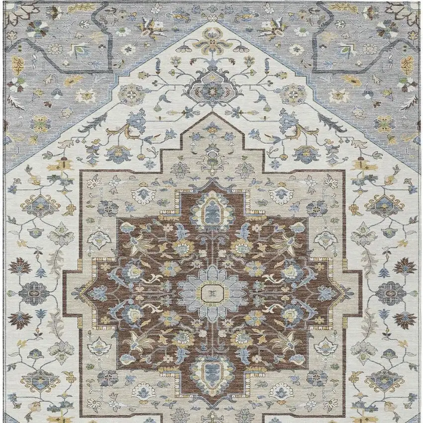 Gray And Ivory Floral Medallion Washable Indoor Outdoor Area Rug Photo 4