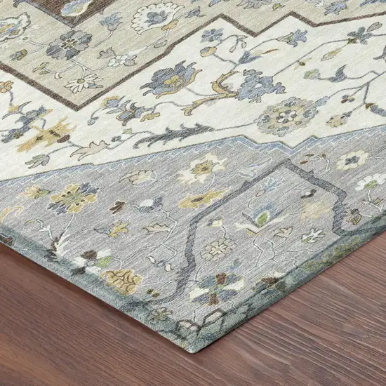Gray And Ivory Floral Medallion Washable Indoor Outdoor Area Rug Photo 5