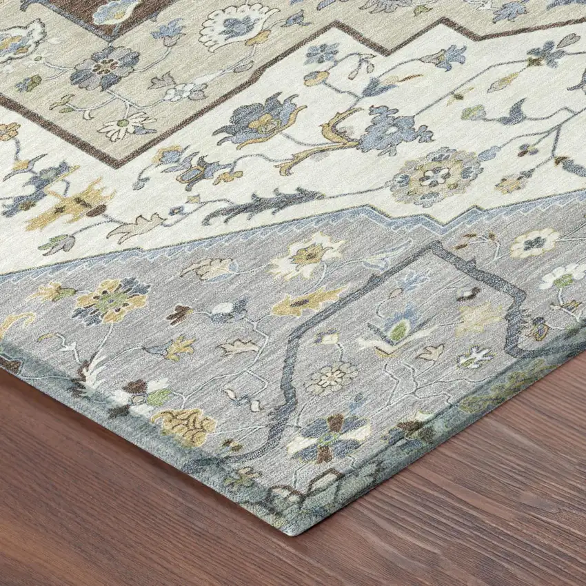 Gray And Ivory Floral Medallion Washable Indoor Outdoor Area Rug Photo 5