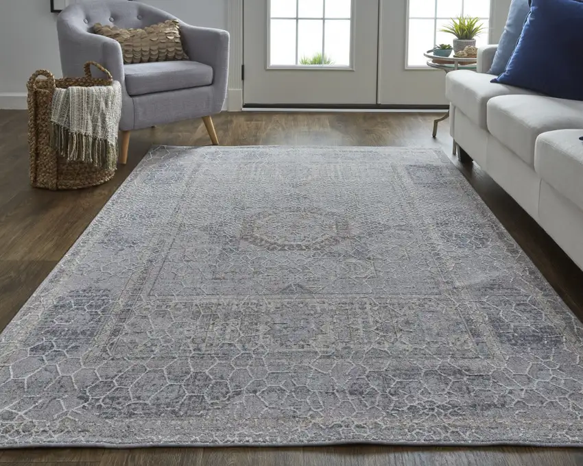 Gray And Ivory Floral Power Loom Distressed Stain Resistant Area Rug Photo 2