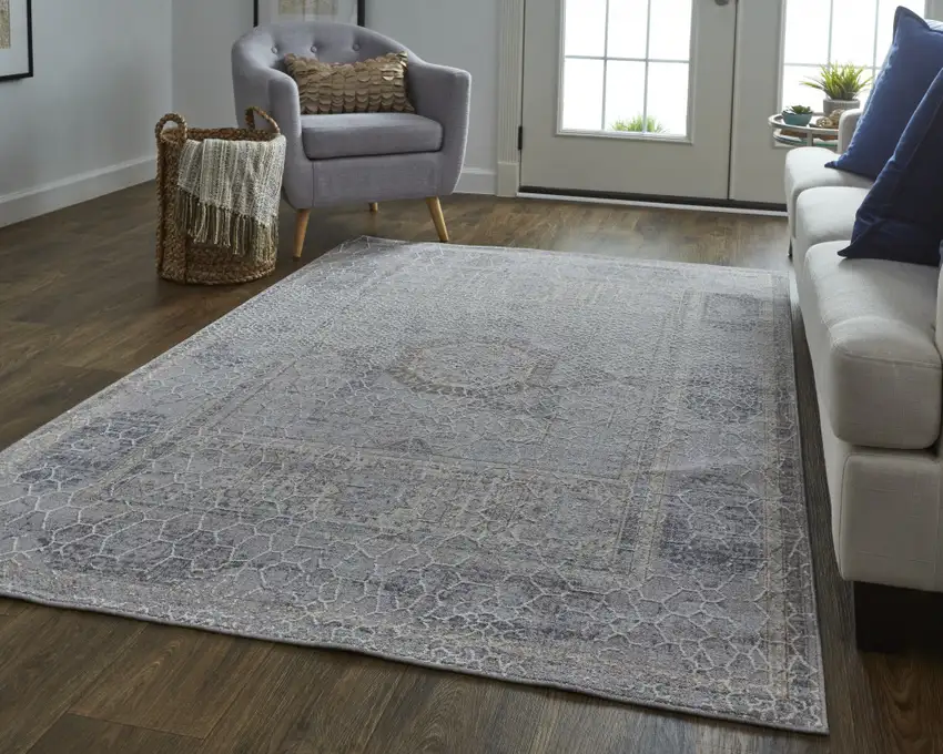 Gray And Ivory Floral Power Loom Distressed Stain Resistant Area Rug Photo 3