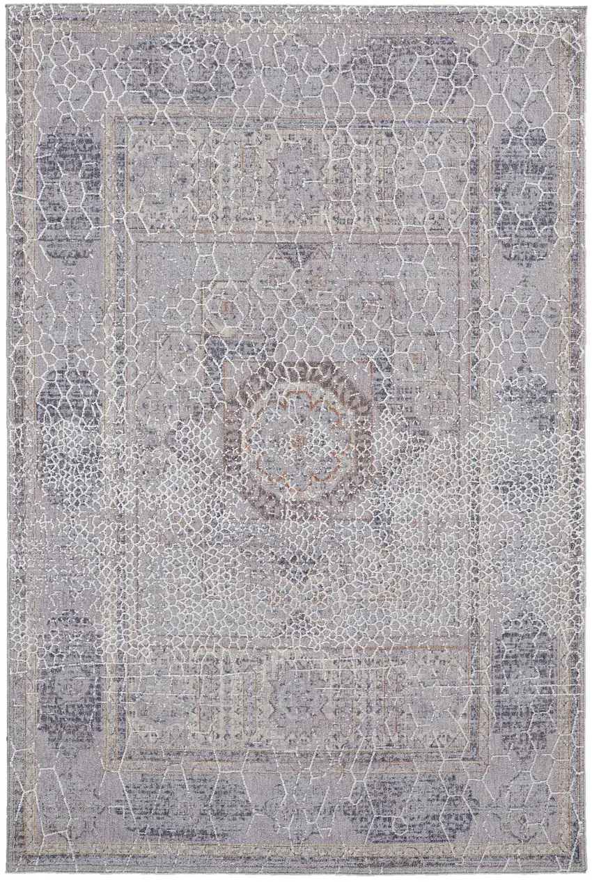 Gray And Ivory Floral Power Loom Distressed Stain Resistant Area Rug Photo 1