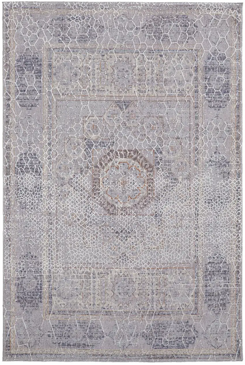 Gray And Ivory Floral Power Loom Distressed Stain Resistant Area Rug Photo 1
