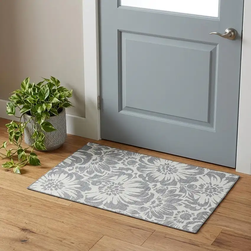 Gray And Ivory Floral Washable Area Rug With UV Protection Photo 1