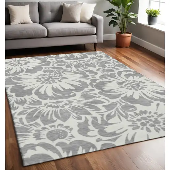Gray And Ivory Floral Washable Area Rug With UV Protection Photo 2