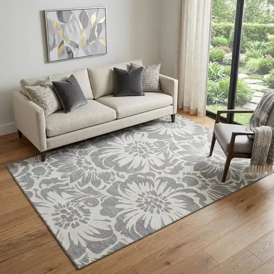 Gray And Ivory Floral Washable Area Rug With UV Protection Photo 1