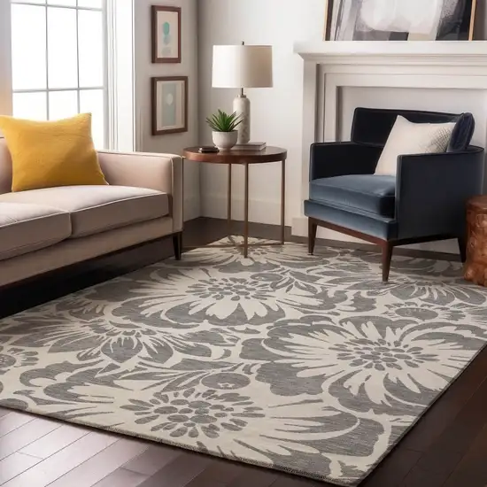 Gray And Ivory Floral Washable Area Rug With UV Protection Photo 5