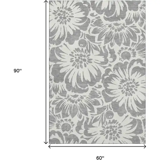 Gray And Ivory Floral Washable Area Rug With UV Protection Photo 7