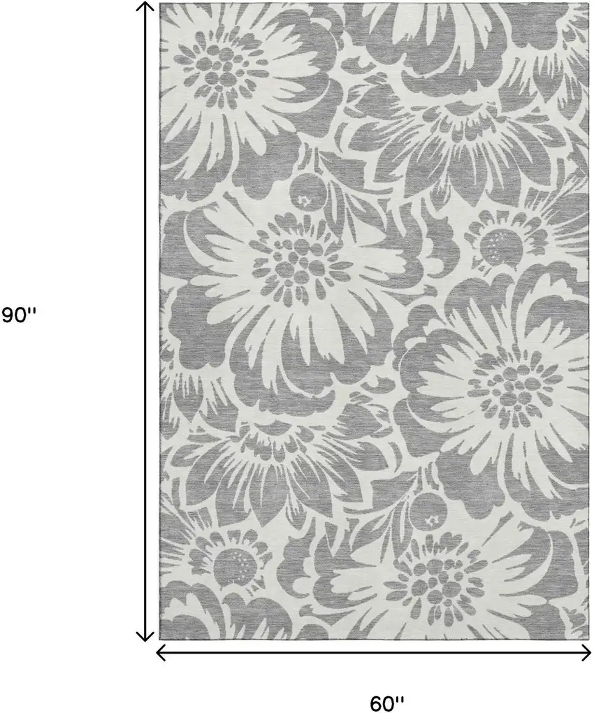 Gray And Ivory Floral Washable Area Rug With UV Protection Photo 7