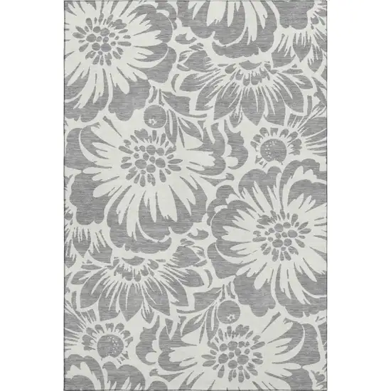 Gray And Ivory Floral Washable Area Rug With UV Protection Photo 1