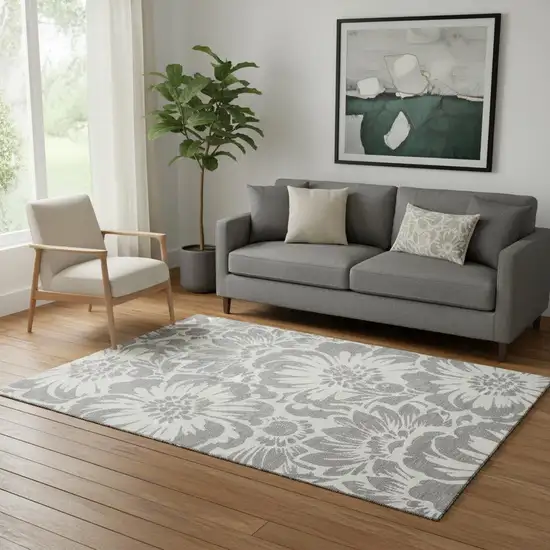 Gray And Ivory Floral Washable Area Rug With UV Protection Photo 1