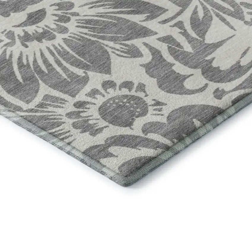 Gray And Ivory Floral Washable Area Rug With UV Protection Photo 9