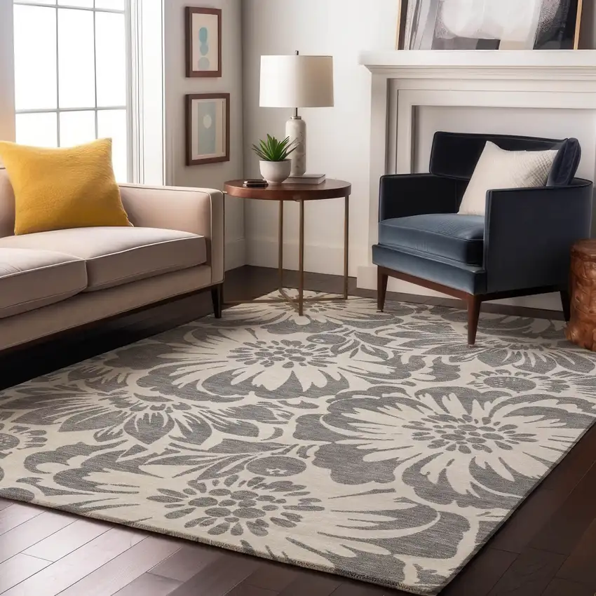 Gray And Ivory Floral Washable Area Rug With UV Protection Photo 6