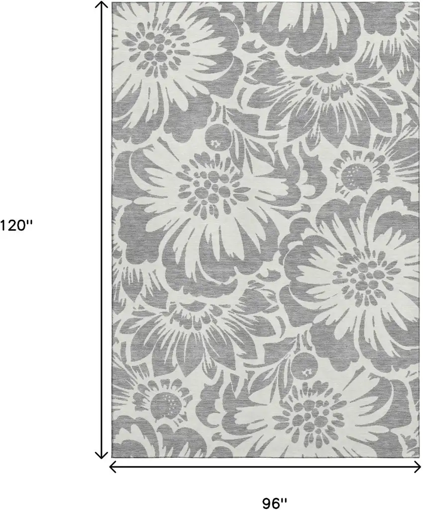 Gray And Ivory Floral Washable Area Rug With UV Protection Photo 3