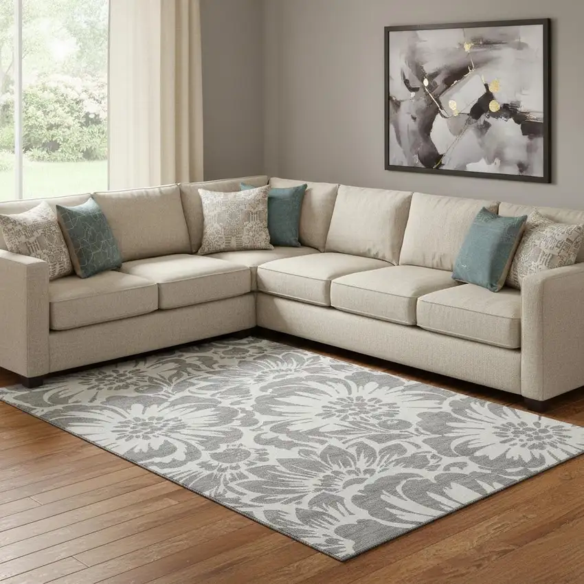 Gray And Ivory Floral Washable Area Rug With UV Protection Photo 1