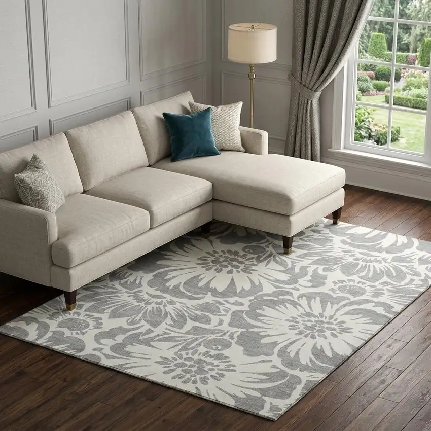 Gray And Ivory Floral Washable Area Rug With UV Protection Photo 1