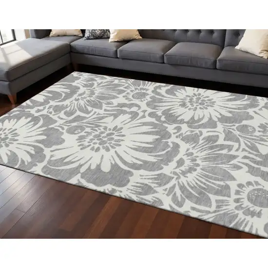 Gray And Ivory Floral Washable Area Rug With UV Protection Photo 2