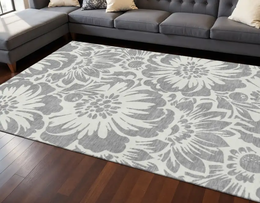 Gray And Ivory Floral Washable Area Rug With UV Protection Photo 2